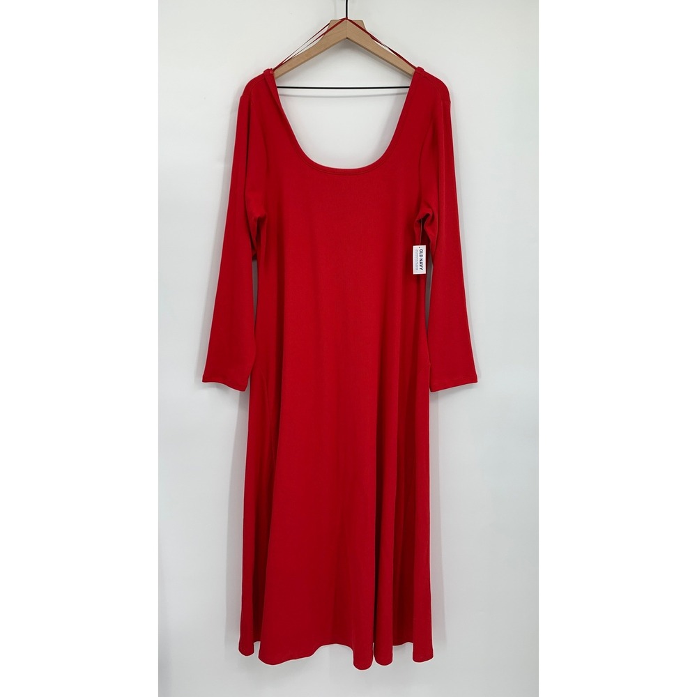 Old Navy Dress XXL Red Ribbed Knit Long Sleeve Scoop Neck Maxi Holiday NEW